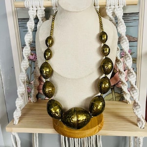 Vintage Hammered Brass Bead Necklace, Gold Toned Chunky Statement Necklace, Boho Jewelry, Ethnic Style, Eclectic Accessory