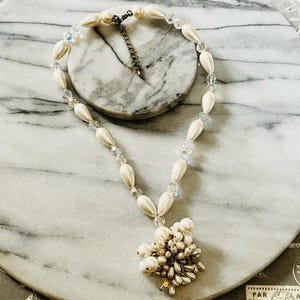 Faux Pearl Beaded Necklace AB Crystal Beads White Dangle Cluster Pendant