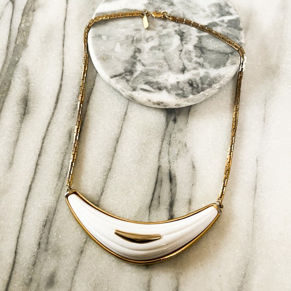 Vintage Monet Collar Necklace White Acrylic Gold … - image 1