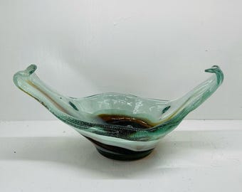 Vintage Art Glass Console Dish | Brown Swirl Heavy Handled Bowl | Mid-Century Modern Home Decor | Large Statement Centerpiece