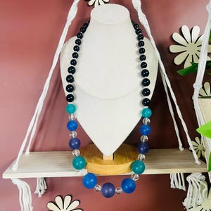 Retro 1980s Vintage Necklace, Beaded Women&#39;s Jewelry, Blue Purple Clear Black, Statement Necklace, Gift for Her