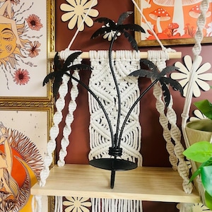 Tropical Palm Tree Wall Hanging Candle Holder Black Metal 15&quot; Tall Home Decor