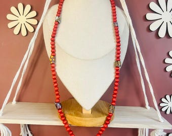 Boho Red Beaded Necklace | Eclectic Accent Beads | Statement Bohemian Jewelry | Artisan Handmade Unique Gift for Her
