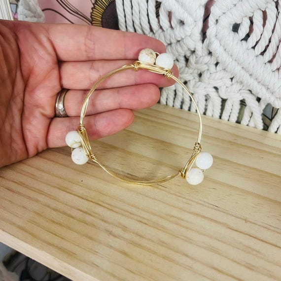 Gold Tone Beaded Bangle Bracelet, Stackable Minim… - image 5