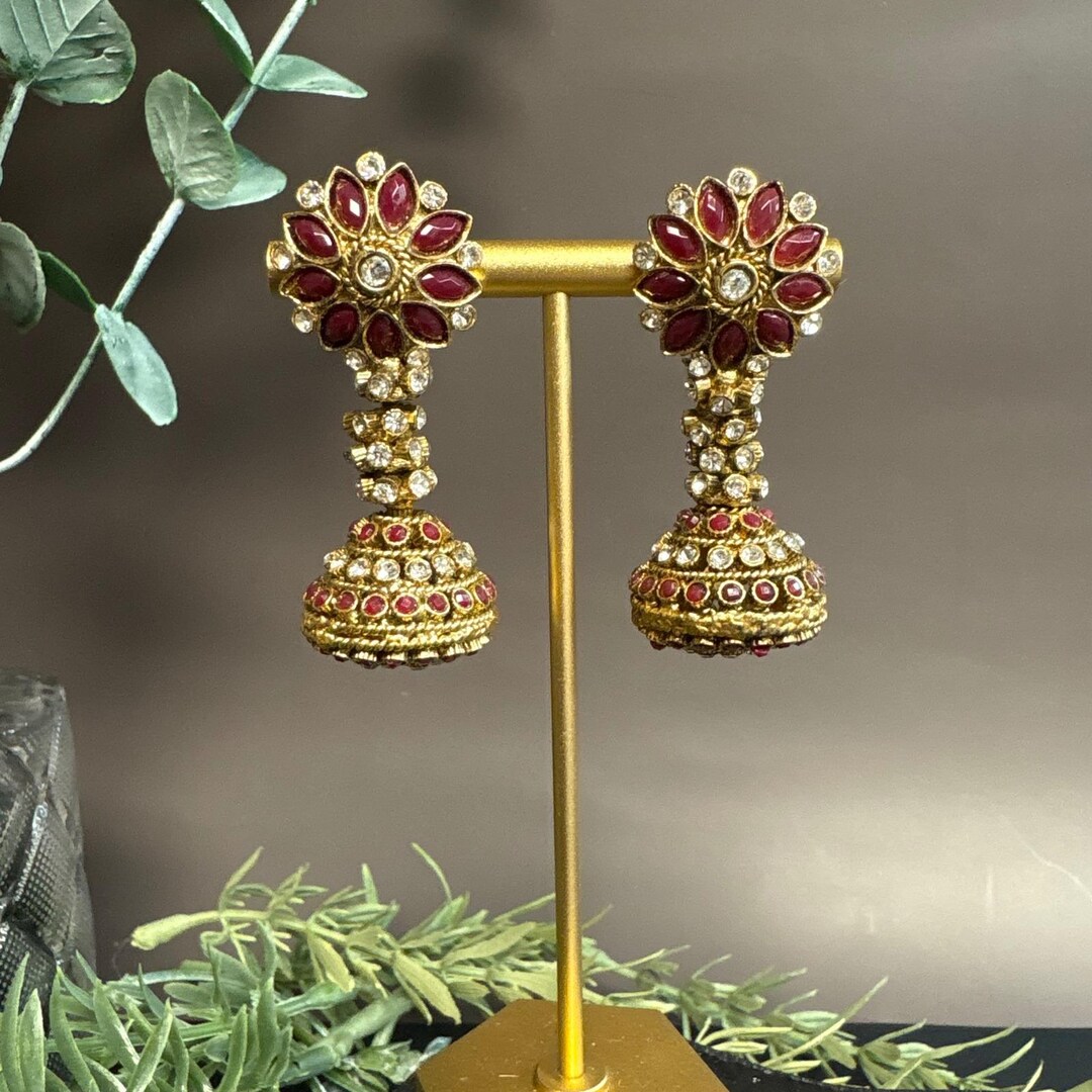 Jhumka Rhinestone Gold Tone Jhumka Earrings | Red Rhinestone Drop Earrings | Indian Style ...