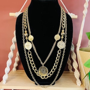 Vintage Roman Coin Layered Chain Necklace Gold Toned Metal MCM Glam