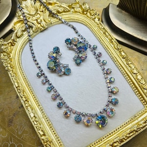 Vintage Aurora Borealis Demi Parure Jewelry Set Necklace and Earrings