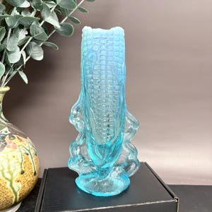 Vintage Blue Glass Corn Vase | 7" Tall Pressed Glass Bud Vase | Aqua Opalescent