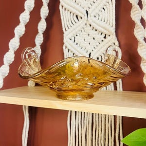 Vintage Amber Marigold Carnival Glass Dish Bowl Wavy Edge Handled Home Decor