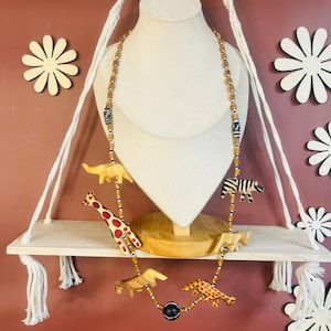 African Animal Necklace Wood Beaded Brown Ethnic Eclectic Statement Boho