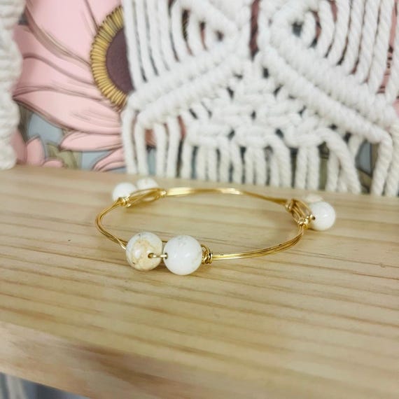 Gold Tone Beaded Bangle Bracelet, Stackable Minim… - image 6
