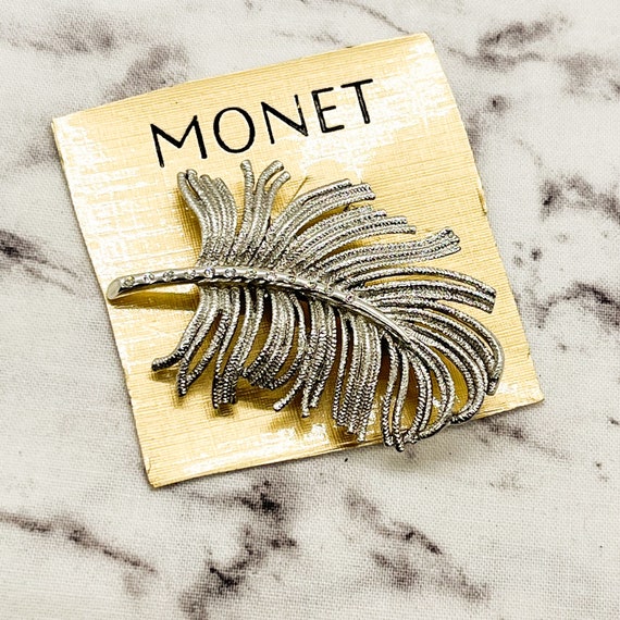 Vintage Monet Leaf Shape Motif Brooch Silver Tone… - image 1