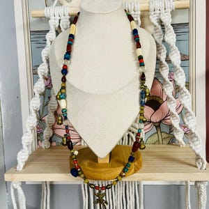Vintage Tribal Necklace, Ethnic Beaded Jewelry, Brass Pendant Necklace, Gemstone Accents, India Style, Eclectic Fashion