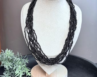 Collana vintage di perline nere / Filo multiplo di vetro / Stile boho a strati