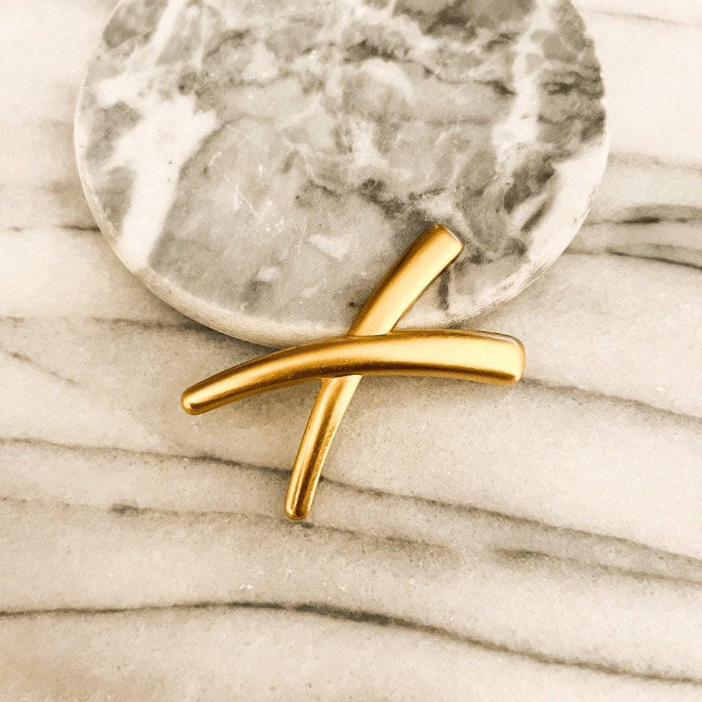 Vintage Monet Cross X Brooch Pin Brushed Gold Toned Metal