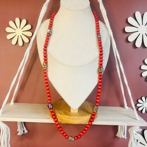 Boho Style Beaded Necklace Red Dyed with Accent Beads Eclectic