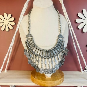 Ethnic Festival Style Bib Necklace Silver Toned Medallion Dangle Boho Eclectic Festival