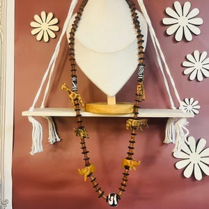 Wood Safari Animal Necklace Hand Carved African Brown Boho Vintage Eclectic