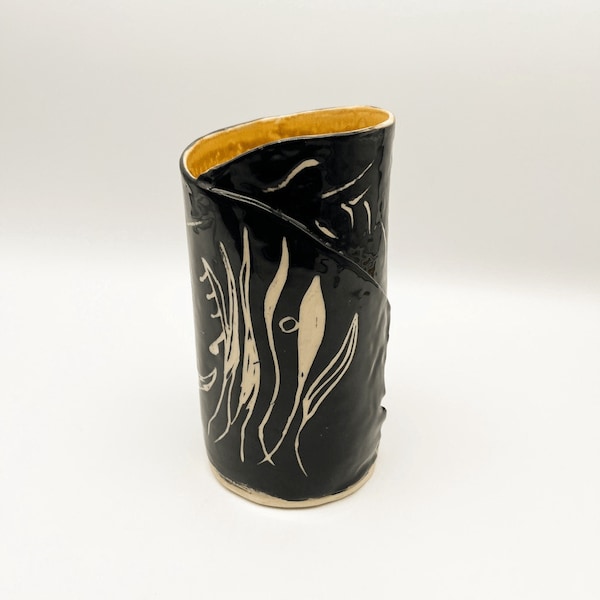 Art Pottery Vase - Black, Yellow Interior, Handmade Abstract Design, Floral Motif Relief, Wrapped Folded Design, Unique Home Decor MCM