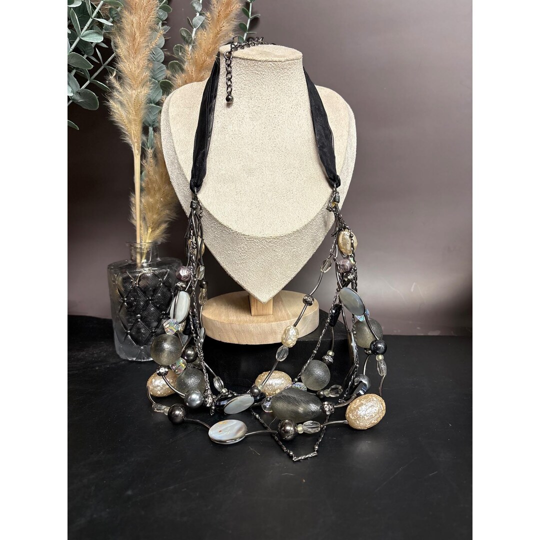 Chico's Layered Black Ribbon Statement Necklace | Gunmetal Beads + Faux ...