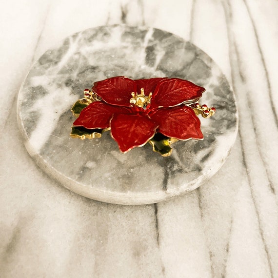 Kenneth Cole Poinsettia Brooch Mesh Metal Red Gre… - image 2