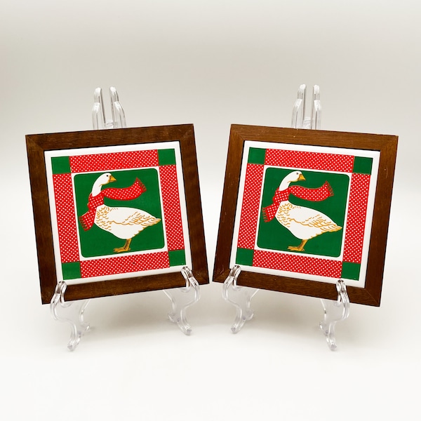 Vintage Kitschy Christmas Goose with Scarf Wall Tiles Trivets Set 2 Wood Framed 5.5in Jasco Taiwan Retro Nostalgic Holiday Home Decor