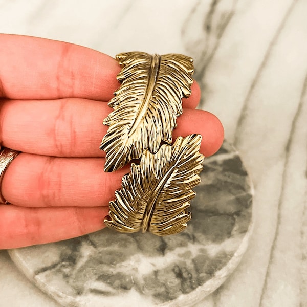 Bimba Y Lola Feather Bracelet - Gold Toned Metal, Hinged Clamper Bangle Cuff, Statement, Textured, Boho Wrap