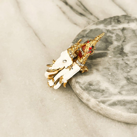 Vintage Enamel Elephant Brooch Pin - White, Gold … - image 2