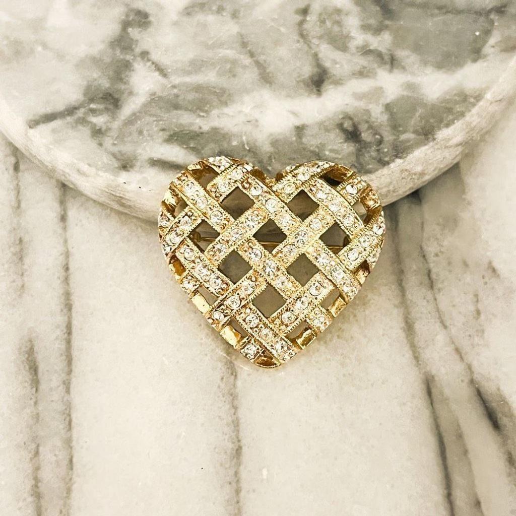 Vintage Pave Heart Basket Weave Gold Toned Metal Open Clear Rhinestone Unsigned