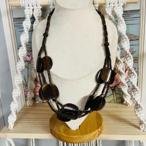 Vintage Petrified Wood Beaded Necklace, Brown Layered Necklace, Boho Style, Eclectic Jewelry, Ethnic Necklace, Gift For Her