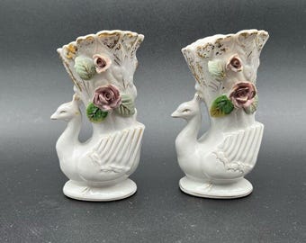 Vintage Peacock Vase Set of 2 Porcelain With Applied Flowers Roses Gold Accent