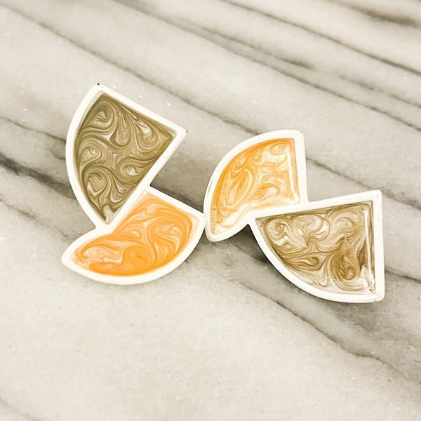 Vintage Signed Monet Clip On Earrings - Enamel White Yellow Green, Geometric Abstract Design,  1980s Fashion Style, Statement