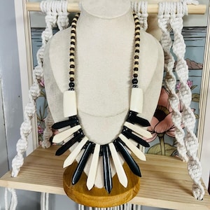 Vintage Carved Bone Statement Necklace, Beaded Bib, Boho Hippie Style, Eclectic Jewelry, Ethnic Style Necklace