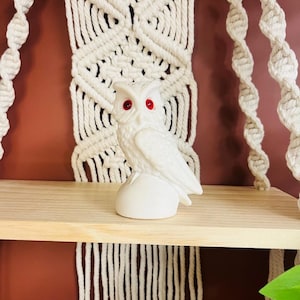 Vintage Alabaster Owl Figurine White with Red Eyes Unique Boho Home Decor