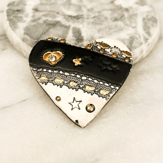 Vintage Ceramic Heart Pin Brooch Black White Gold… - image 2