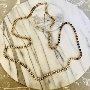 Long Vintage Gold Chain Necklace with Crystal Rhinestone Accent, Retro Statement Jewelry, 40 Inch, Glam Fashion Statement Gift for Her Women