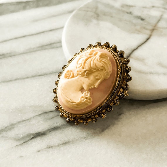 Vintage Graziano Cameo Brooch Pin Pendant - Pink,… - image 2