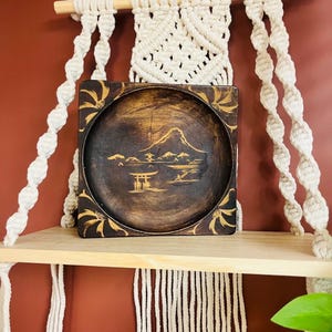 Vintage Japanese Carved Wood Plaque Asian Square Brown Wood Asian Home Decor