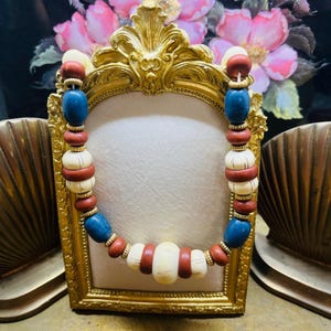 Vintage Chunky Acrylic Necklace Blue Red and Cream Beaded 20&quot; Retro MCM