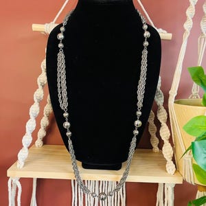 Vintage Midcentury Chain Necklace Silver Toned Metal Bead Accent MCM Retro