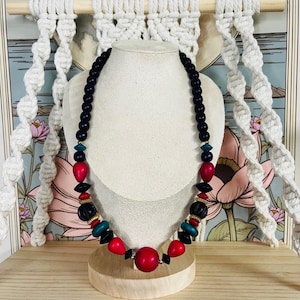 Vintage Wood and Acrylic Chunky Beaded Necklace Multicolor 1980s Style