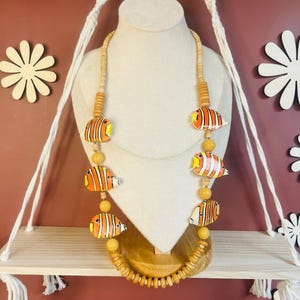 Vintage Coconut Wood Clown Fish Necklace, Orange Beaded Necklace, Multicolor Tropical, Eclectic Unique Gift