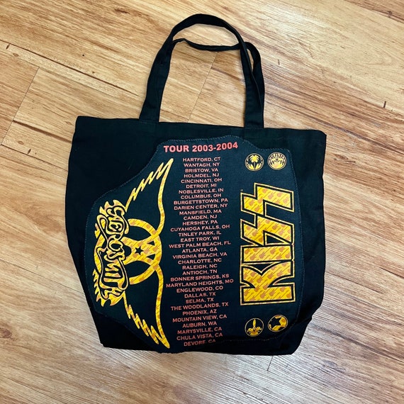 UPCYCLED Aerosmith and KISS Band Tee Graphic Book Tote Bag