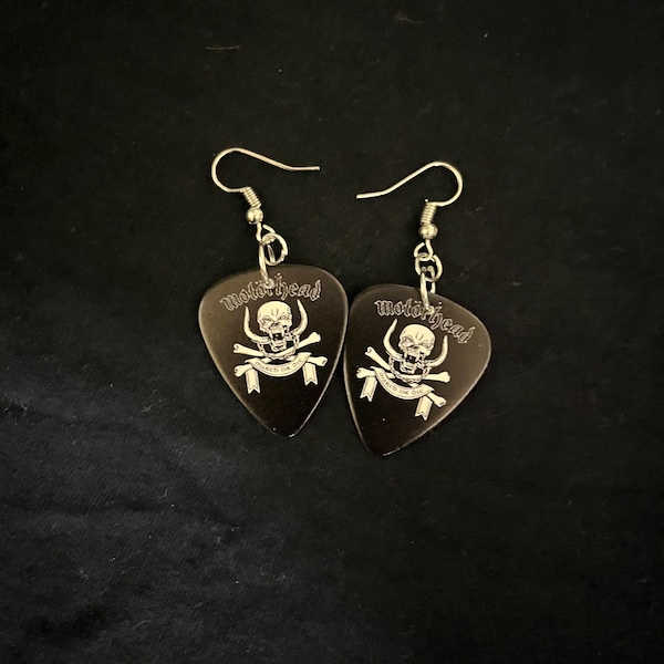 Motörhead guitar pic earrings, dangly.