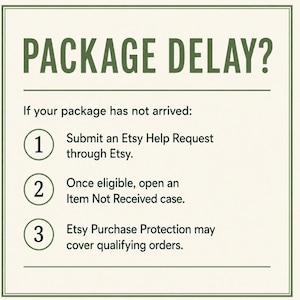 May include: A square informational graphic with a cream background and dark green border. The text reads: PACKAGE DELAY? If your package has not arrived: 1. Submit an Etsy Help Request through Etsy. 2. Once eligible, open an Item Not Received case. 3. Etsy Purchase Protection may cover qualifying orders.