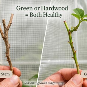 May include: A split-screen comparison showing a brown, woody hardwood stem on the left and a vibrant green stem with leaves on the right. Text at the top reads Green or Hardwood = Both Healthy, with labels Hardwood Stem and Green Stem.