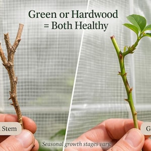 May include: A comparison of two plant stems with text reading Green or Hardwood = Both Healthy. On the left, a brown, textured hardwood stem. On the right, a smooth green stem with small leaves. Labels read Hardwood Stem and Green Stem.