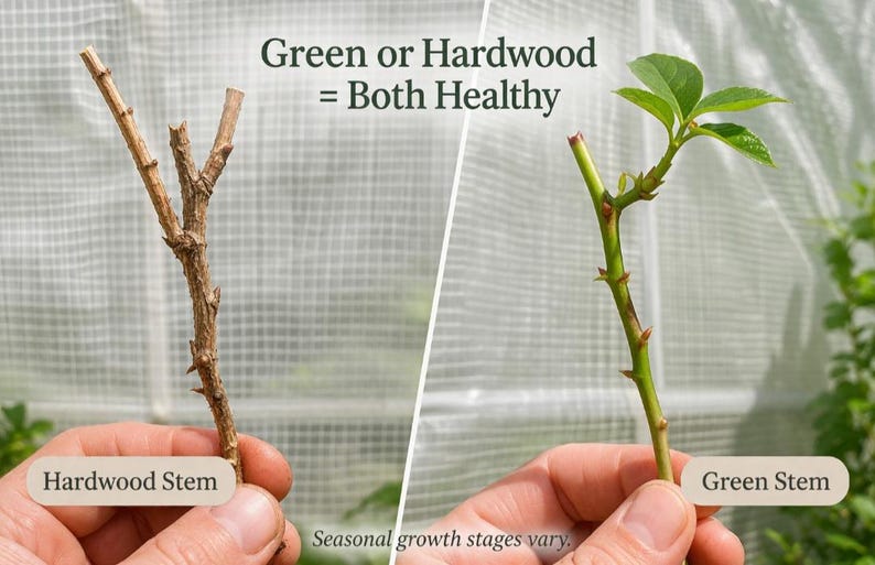 May include: A comparison of two plant stems with text reading Green or Hardwood = Both Healthy. On the left, a brown, textured hardwood stem. On the right, a smooth green stem with small leaves. Labels read Hardwood Stem and Green Stem.