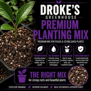 May include: A black container with soil and a young plant, with the text "Drake's Greenhouse Premium Planting Mix." The mix is for plugs and established plants. Features include premium blend, fast draining, versatile use, and professional quality.