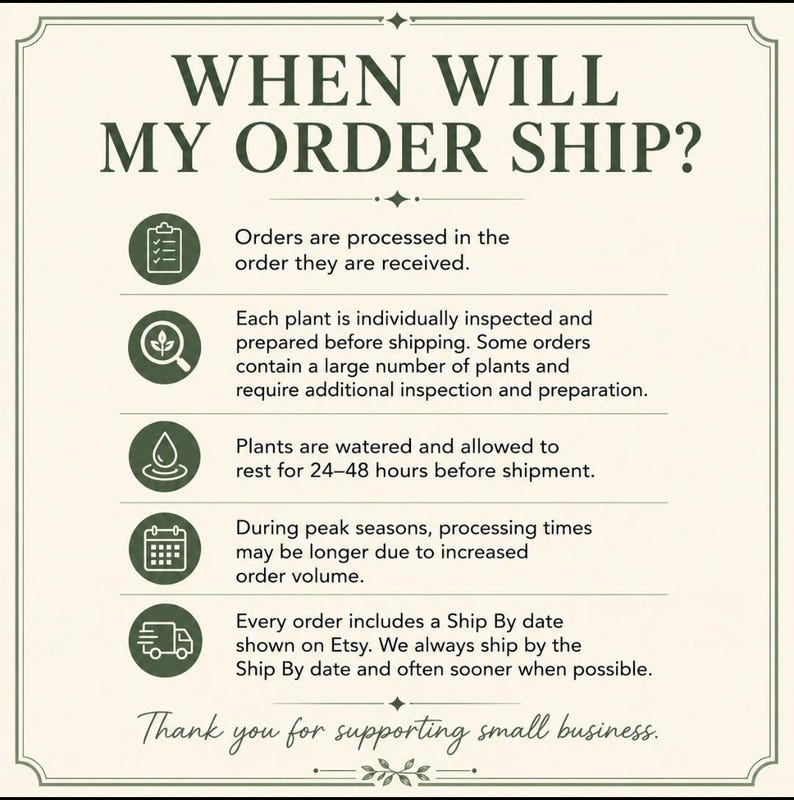 May include: An informational graphic with a cream background and dark green text titled WHEN WILL MY ORDER SHIP? It features five circular icons representing order processing, plant inspection, watering, seasonal delays, and shipping dates.